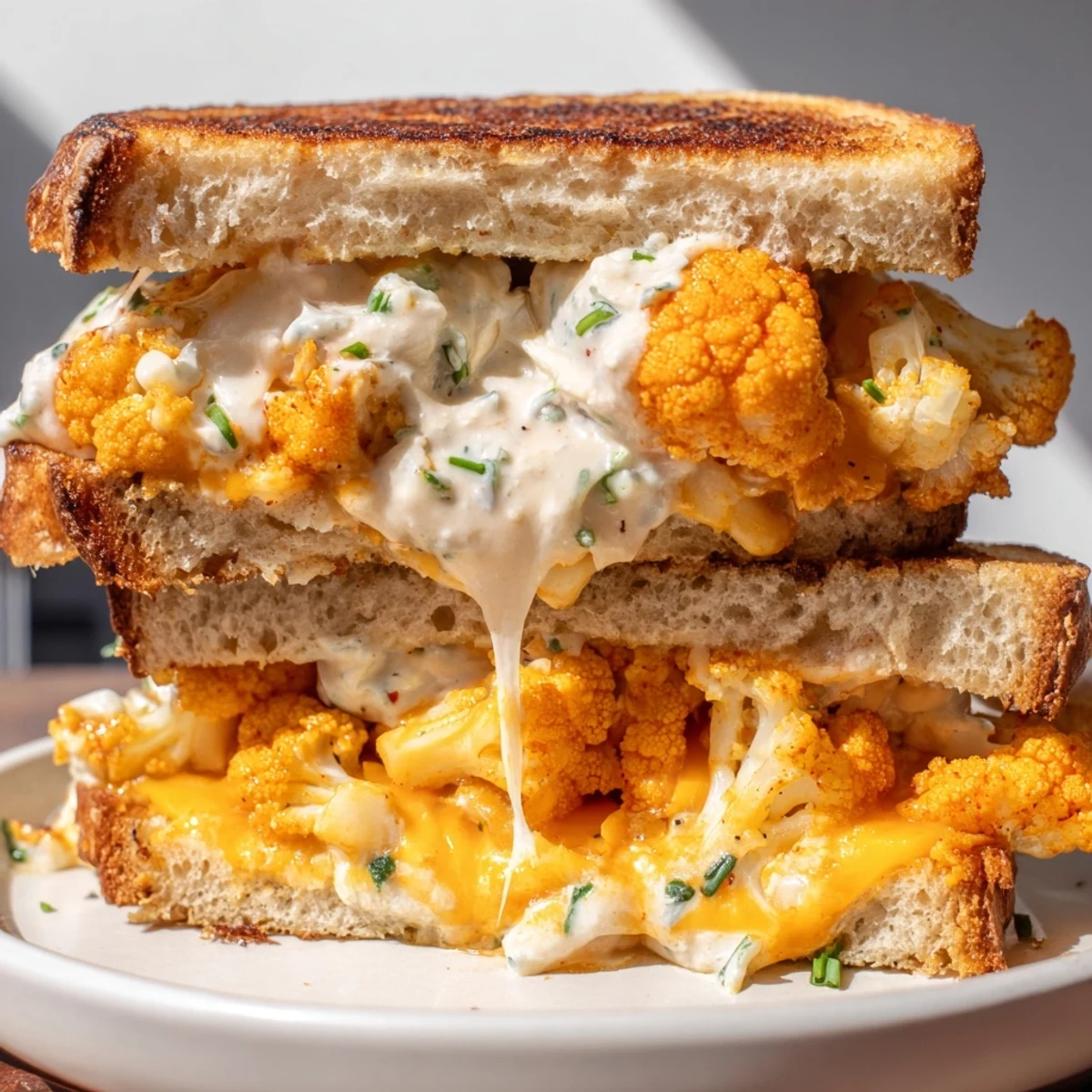 Spicy buffalo cauliflower nestled in a cheesy Buffalo Cauliflower Ranch Grilled Cheese, ready to be enjoyed!