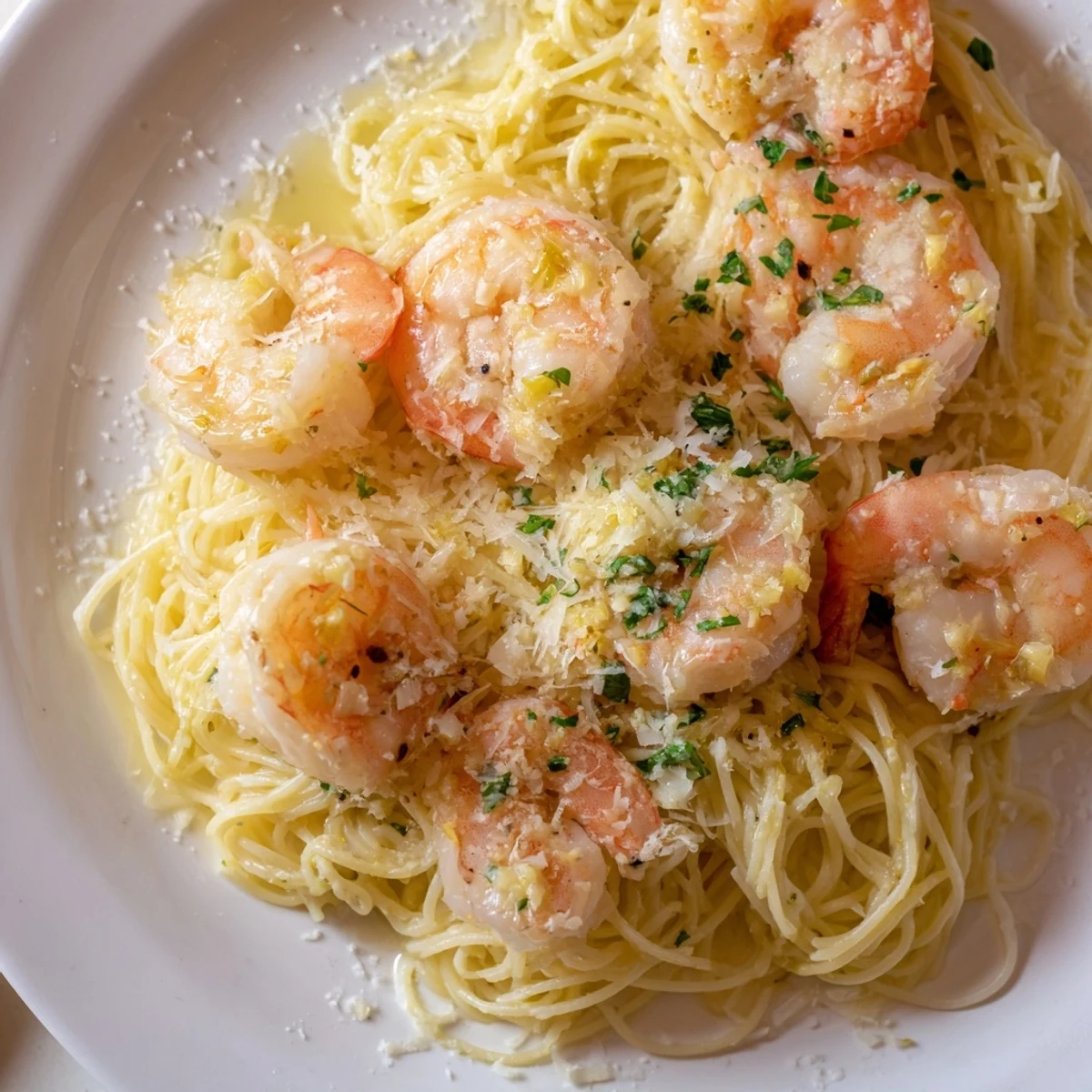 Enjoy savory One-Skillet Lemon Garlic Shrimp Angel Hair Pasta with Parmesan, a flavorful Italian-American meal.