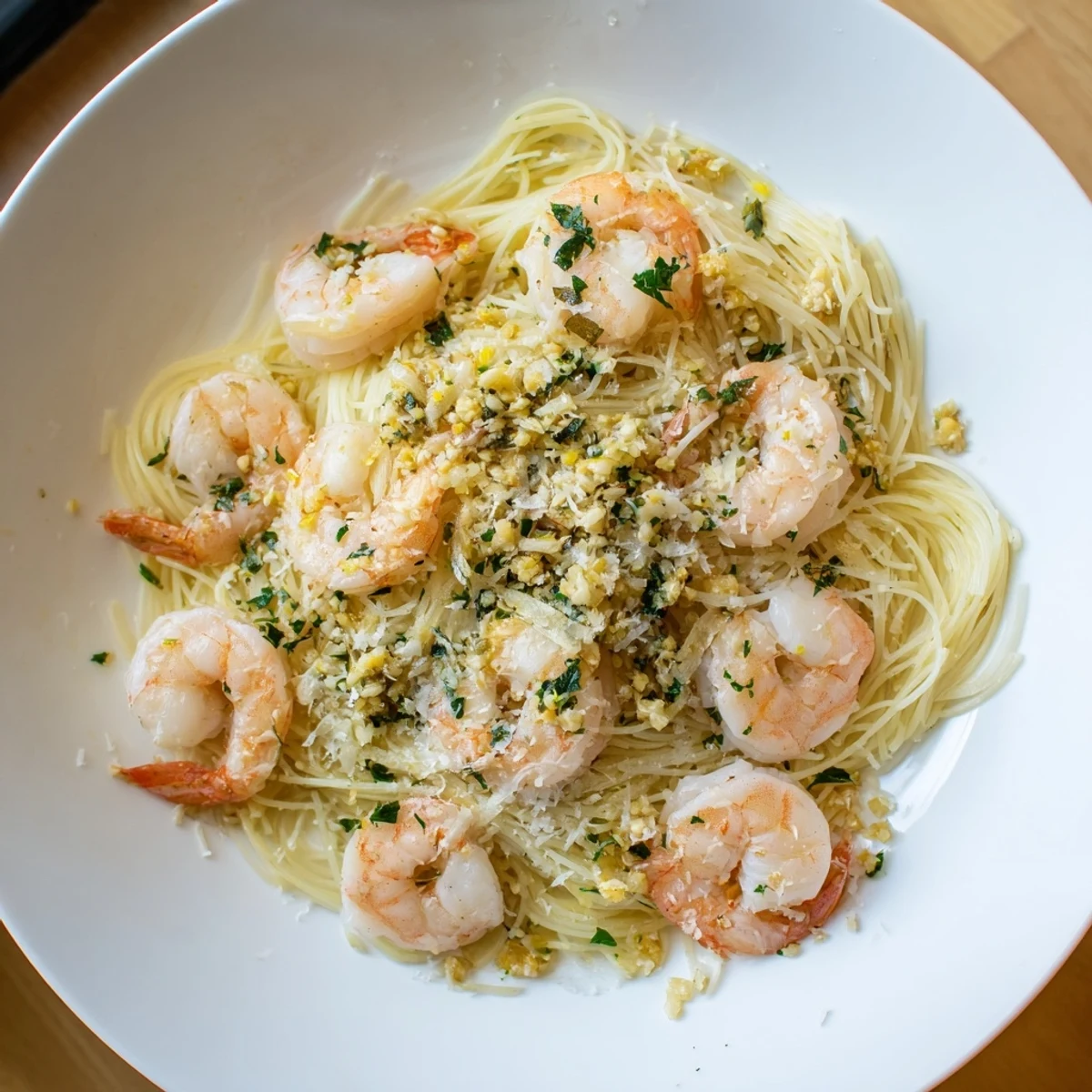 This image shows a beautifully plated One-Skillet Lemon Garlic Shrimp Angel Hair Pasta, ready to savor.