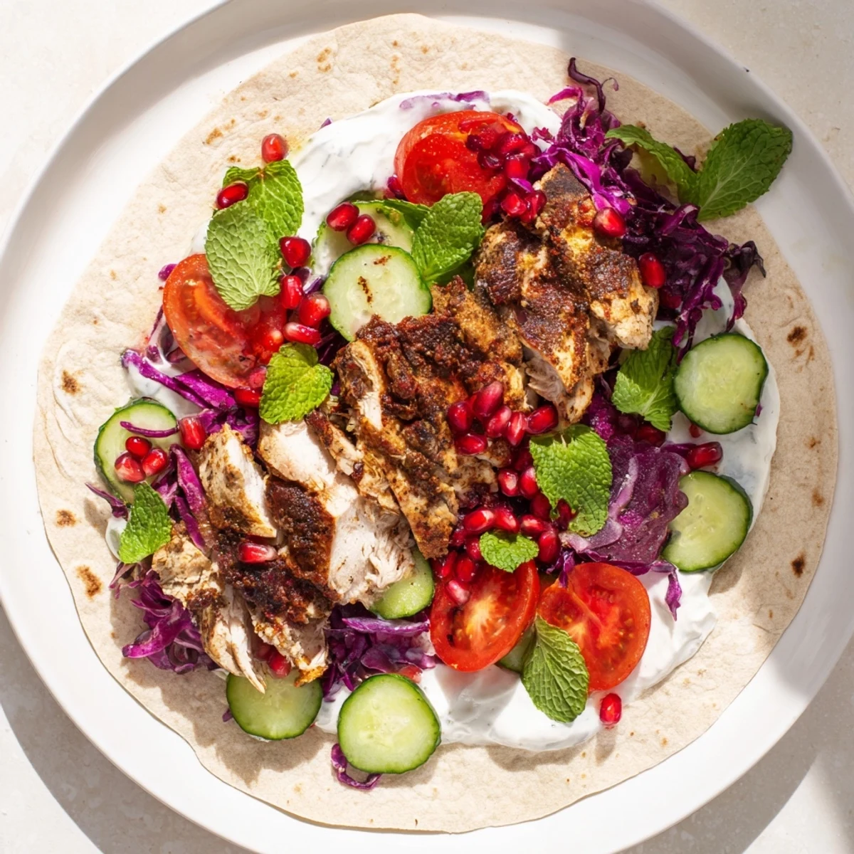 A colorful wrap showcasing Greek Yogurt Chicken Shawarma: savory chicken and vibrant festive vegetables.