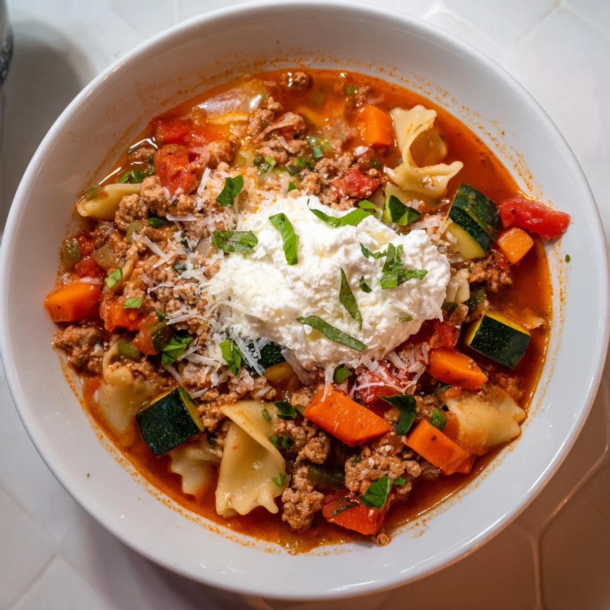 Enjoy a festive, colorful view of Healthy Lasagna Soup in a bowl, perfect for a cozy Christmas dinner.
