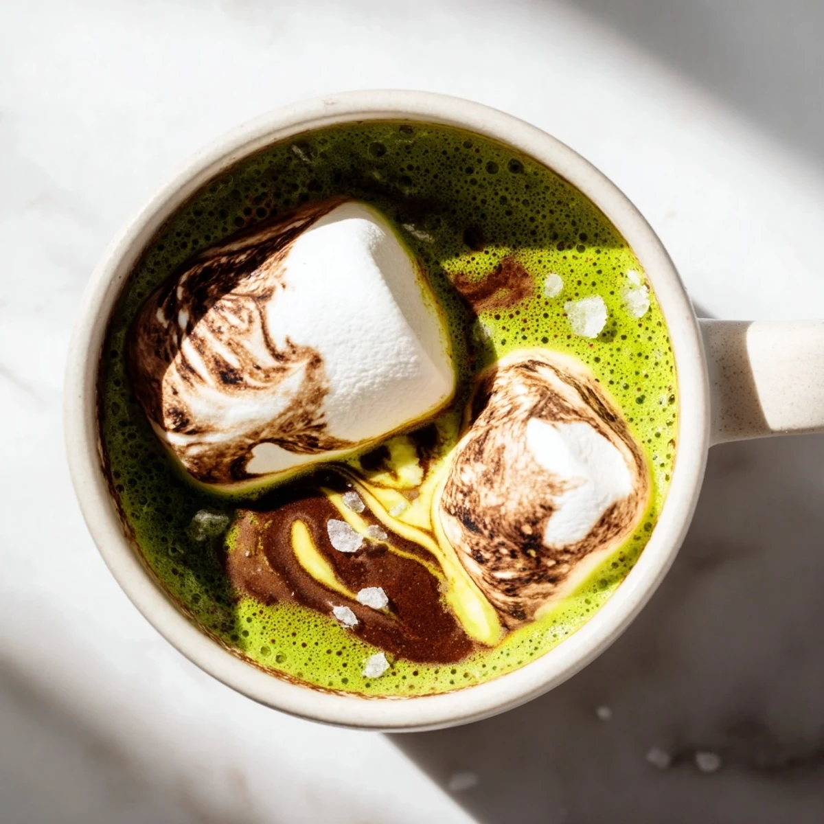 Creamy Toasted Marshmallow Campfire Matcha Hot Cocoa topped with golden, charred marshmallows for a seasonal delight.
