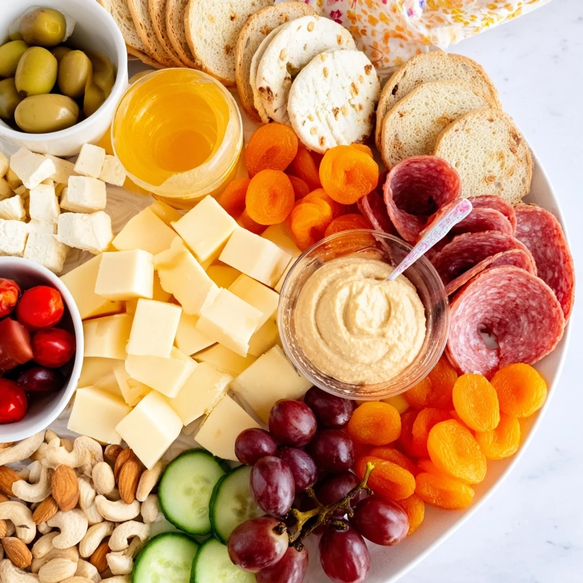 Enjoy a colorful Picnic Basket Snack Board, showcasing fresh fruit, cheese, and crunchy crackers.