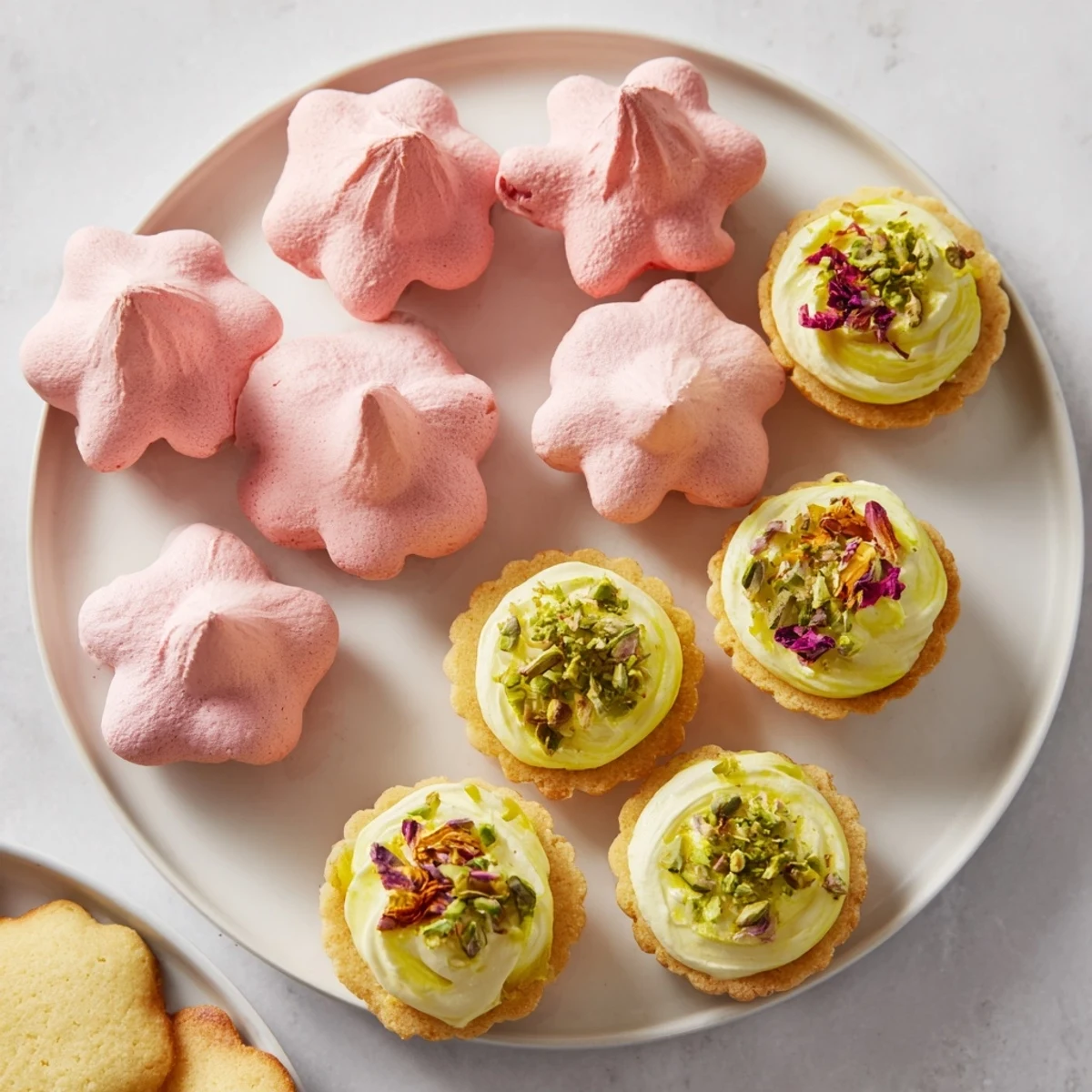 Beautiful Daisy Chain Dessert Tray presentation: Imagine the delicate pastel colors of these elegant sweets ready to serve.