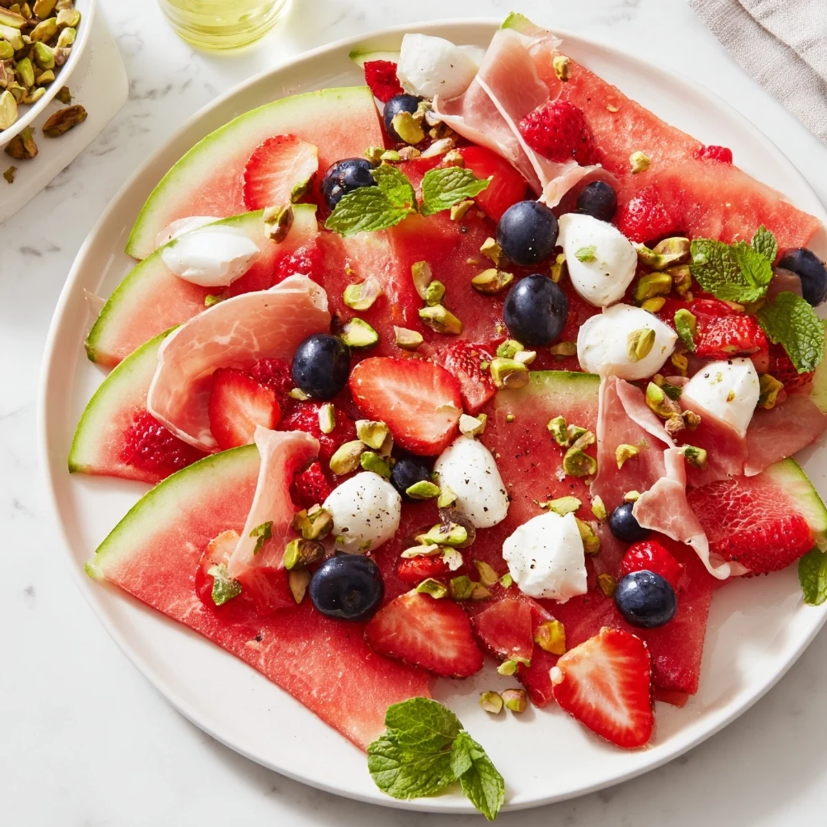 Beautifully arranged watermelon slice charcuterie with prosciutto, nuts, and mint – a refreshing appetizer.