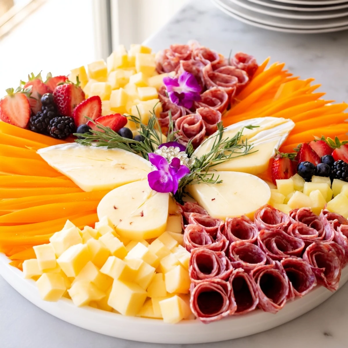 Beautiful Butterfly Summer Board overflowing with colorful fruits, cheeses and flowers, ready to enjoy.