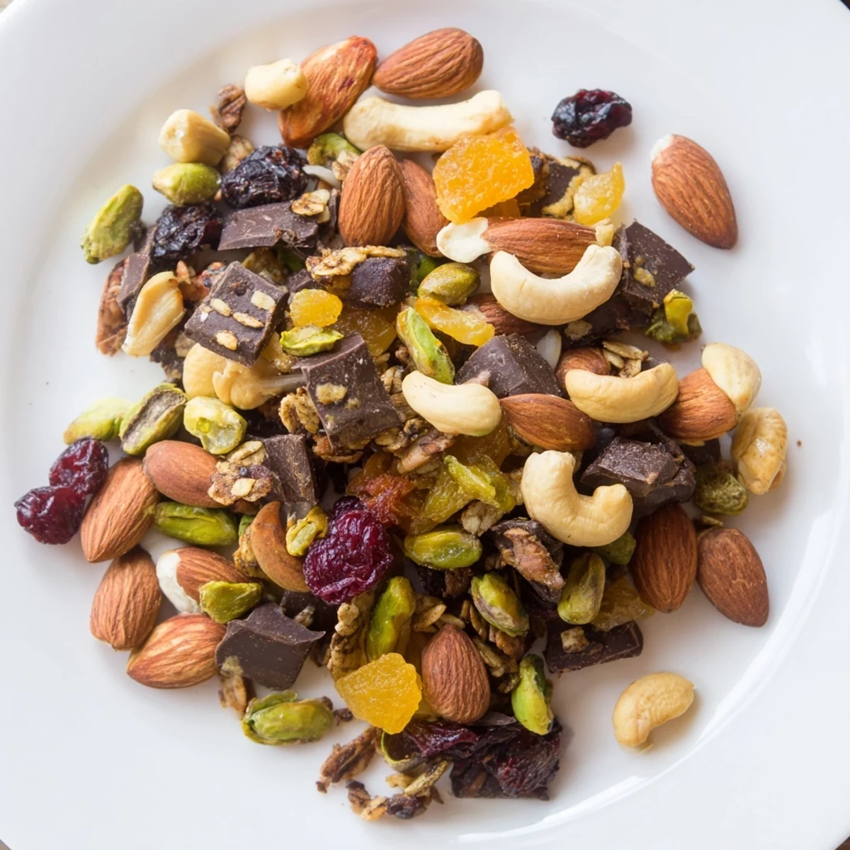 Close-up view of the hearty Mountain High Adventure Snack Mix, a vibrant trail mix full of texture.