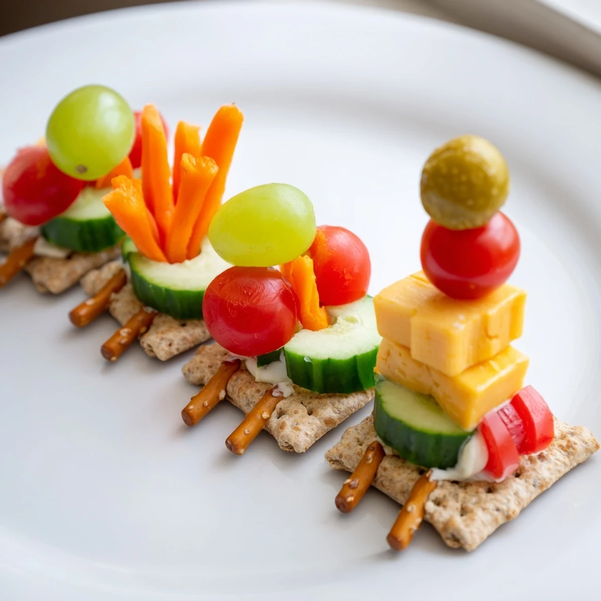 Choo Choo Train Snack Track features colorful fruits and veggies arranged on crackers for kids.