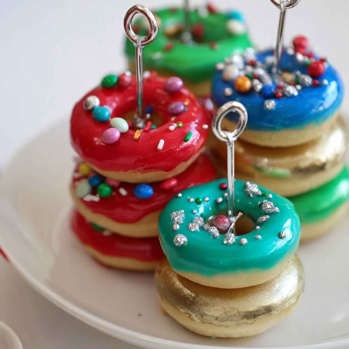 Festive Donut Stack Christmas Ornament Tower, a vibrant edible centerpiece with colorful, decorated mini donuts.