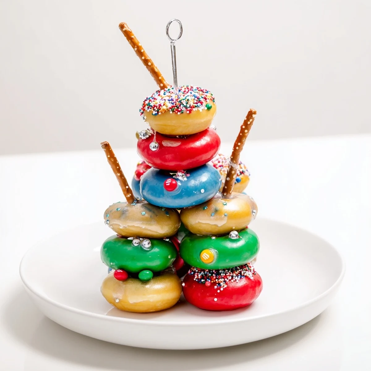 Sweet, glazed Donut Stack Christmas Ornament Tower, a holiday-themed dessert with colorful sprinkles and candies.