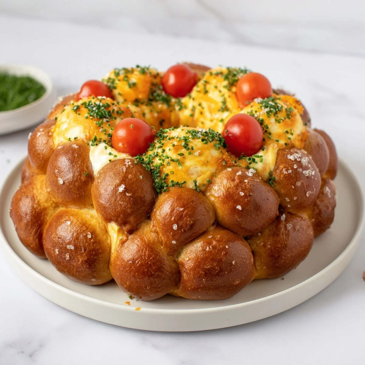 This warm, shareable Pretzel Joy Wreath features savory pretzel bites filled with a cheesy surprise.