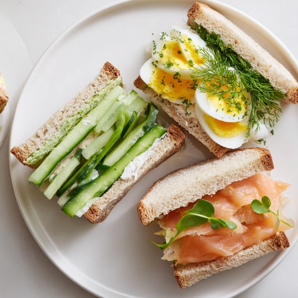 Delicate Castle Feast Royal Tea Party Sandwiches, with cucumber, egg, and salmon fillings, ready to savor.