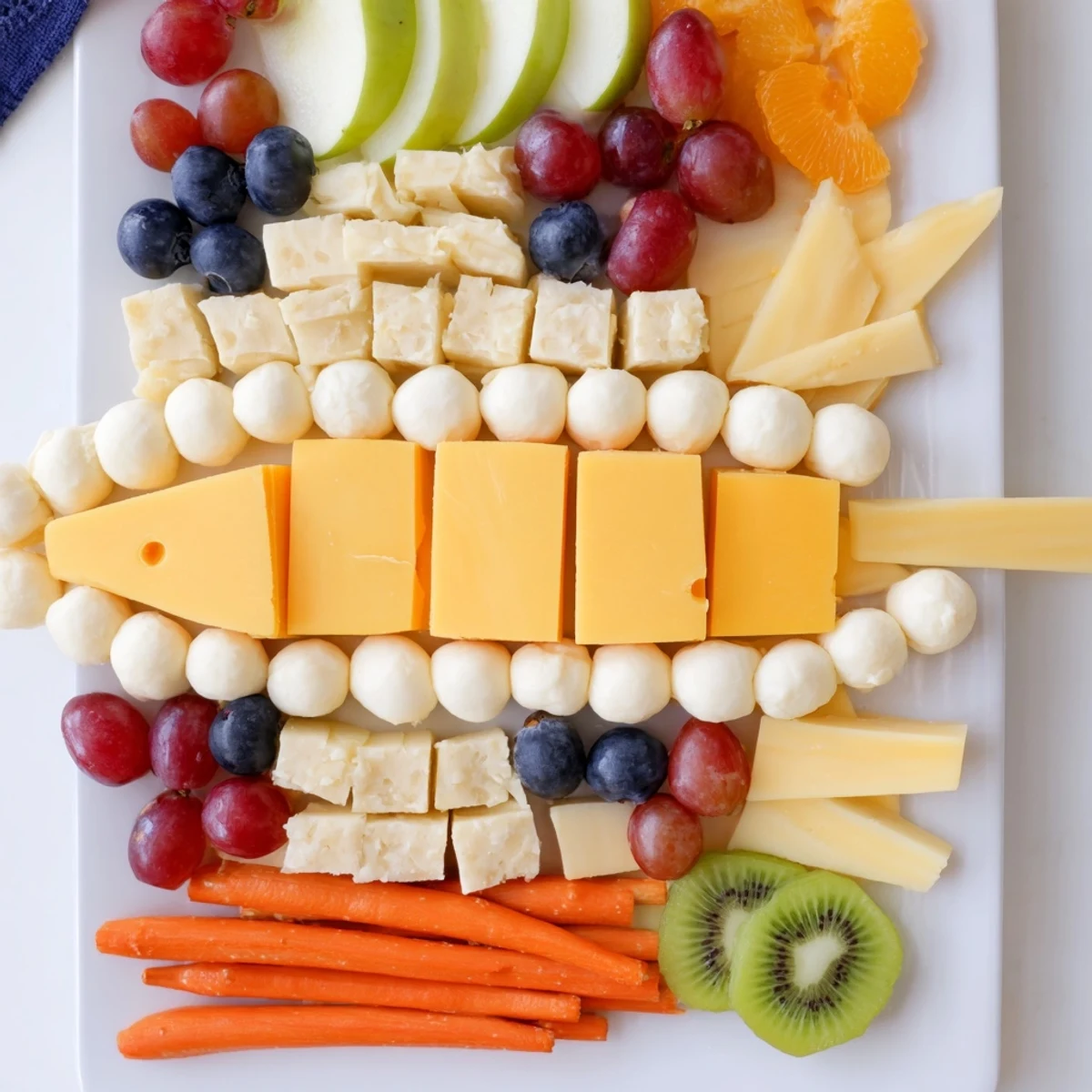 Kid-friendly Spaceship Launch Snack Board featuring colorful fruits, crunchy snacks and creamy dips.