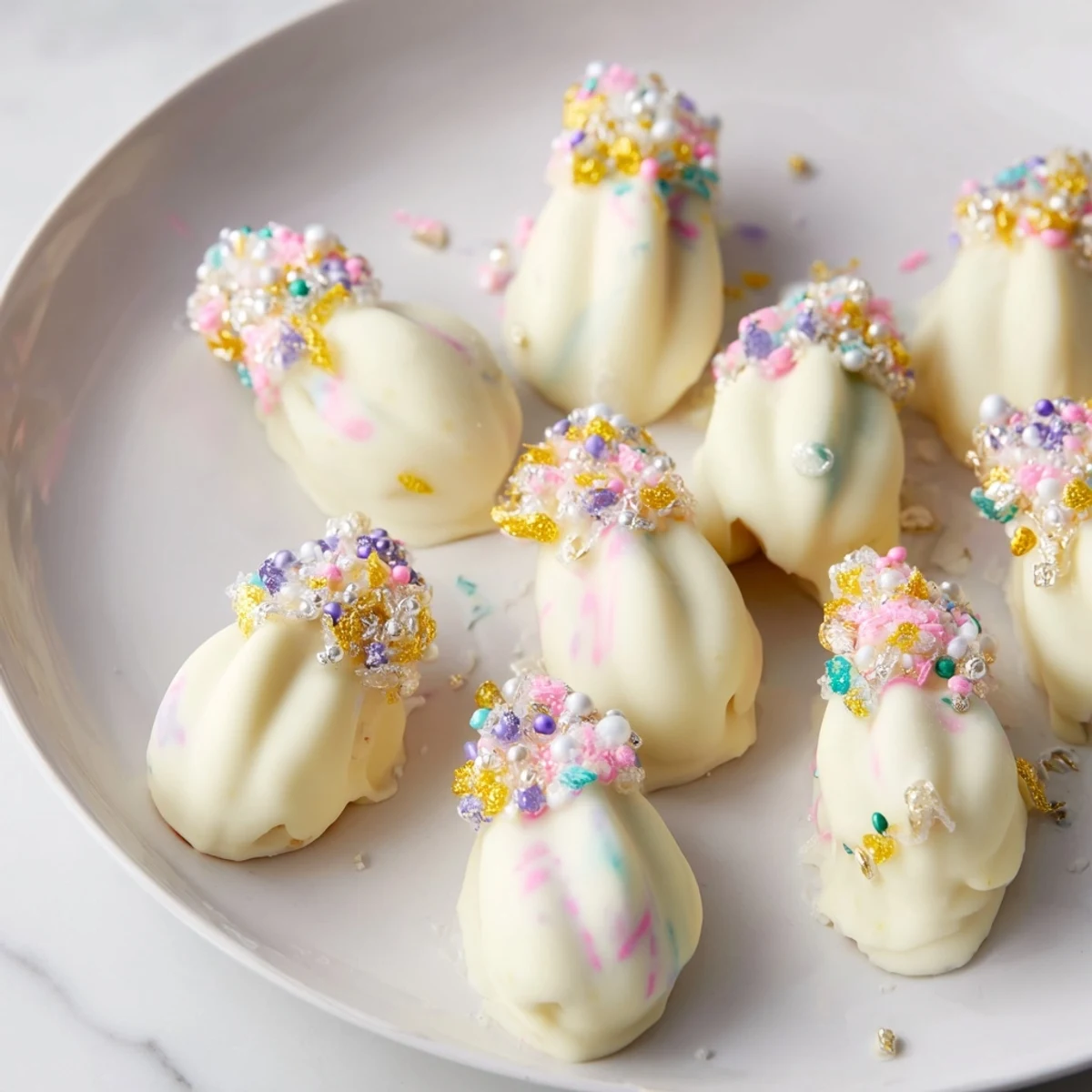 Delicate Mermaid Tail Mignardises, vibrantly colored madeleines dipped in white chocolate and shimmering sprinkles.