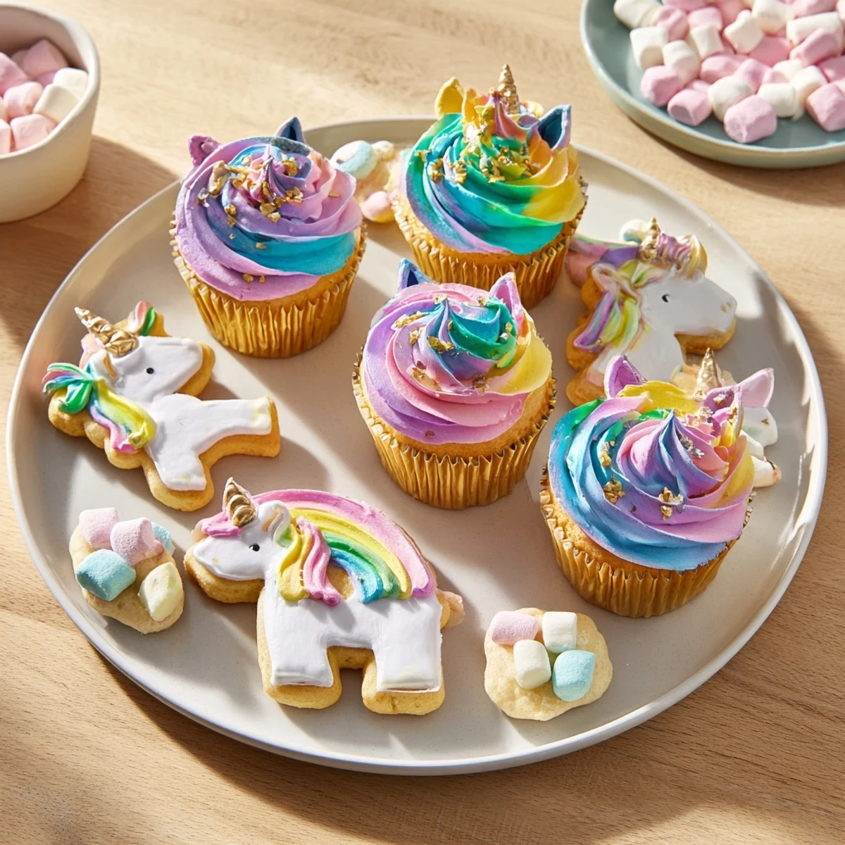A dazzling Magical Unicorn Dessert Table overflowing with colorful cupcakes, meringue kisses, and cookies.