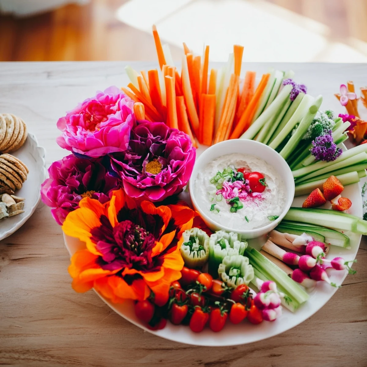 A close-up of a Fairy Garden Platter showcasing colorful flowers, raw vegetables, and delicious dips.