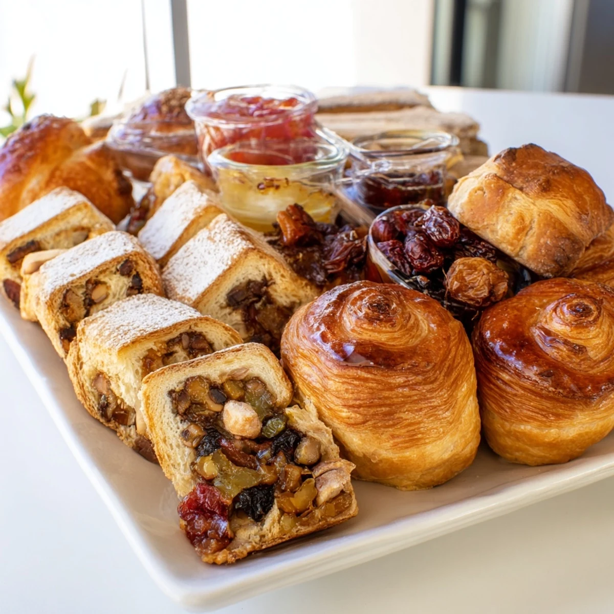 Gifting a Christmas Brunch Gift Box filled with croissants, jam, cheeses, and fruit; a perfect brunch package.