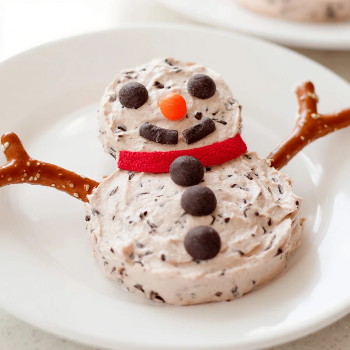 A whimsical Hot Cocoa Dip snowman shape, decorated with pretzels and candy for a holiday dessert.