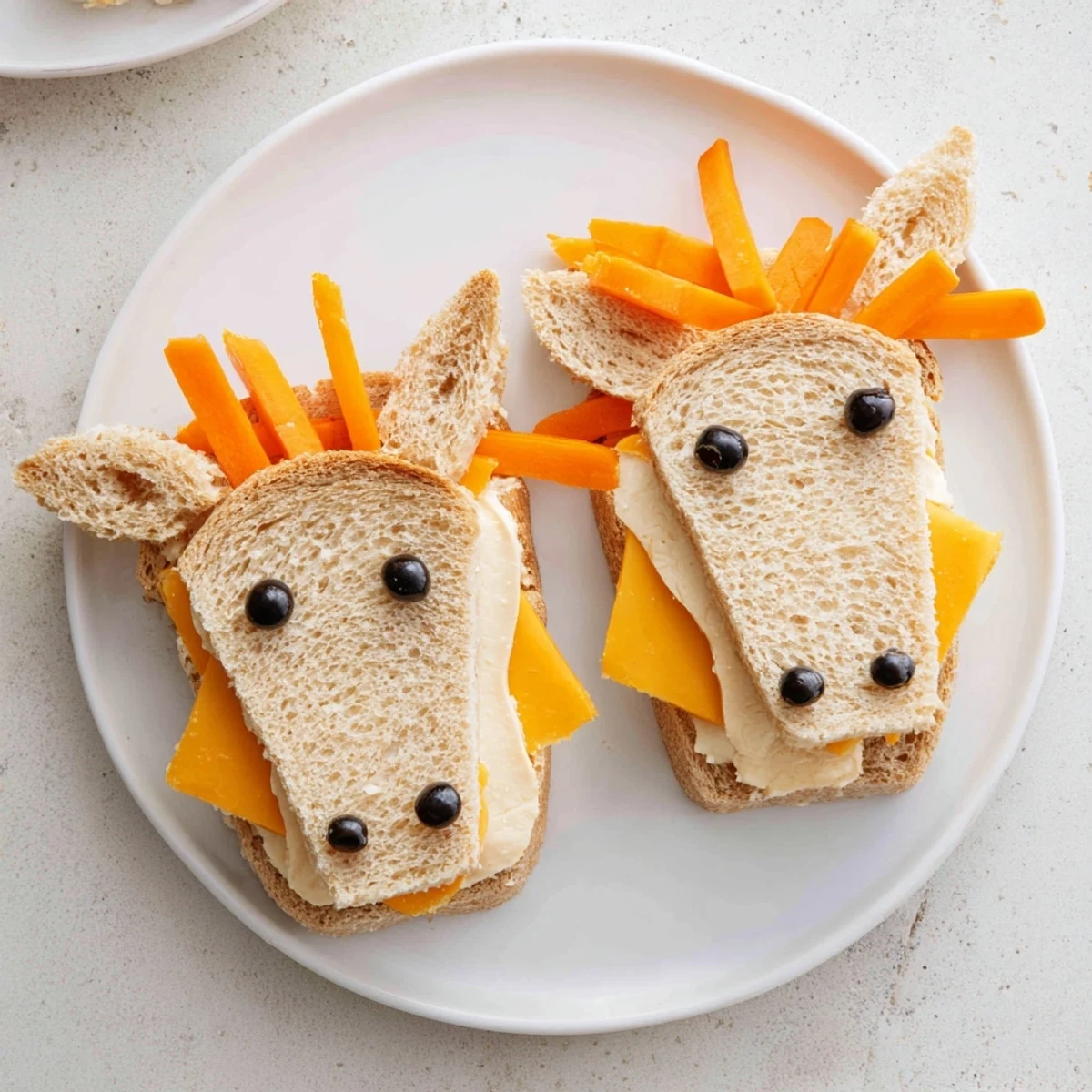 Vibrant horse head sandwich cutouts, perfect for a fun lunch, feature cheddar, turkey, and olives.