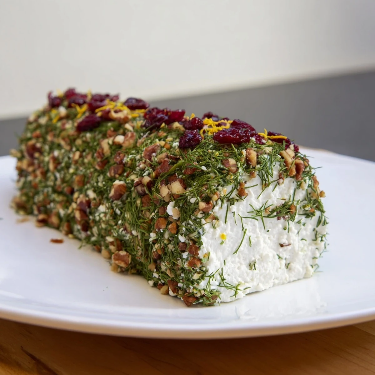 Creamy Winter Snowdrift Goat Cheese Log, covered in herbs and nuts, ready for dipping crackers.
