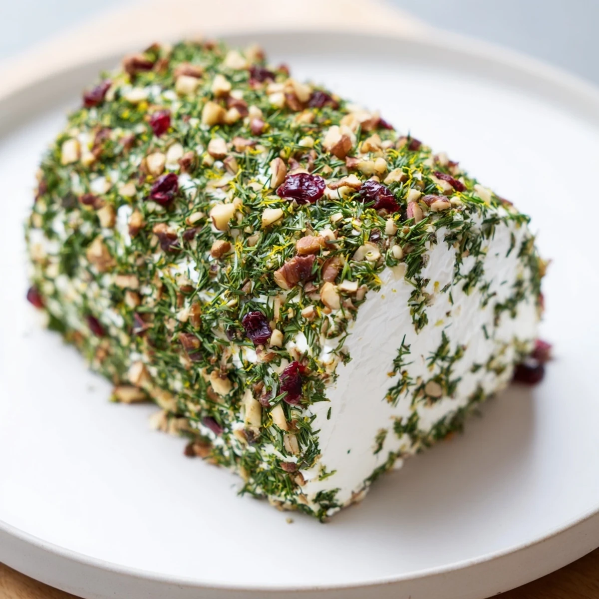 Sliced Winter Snowdrift Goat Cheese Log with a vibrant herb and nut crust, perfect for serving.