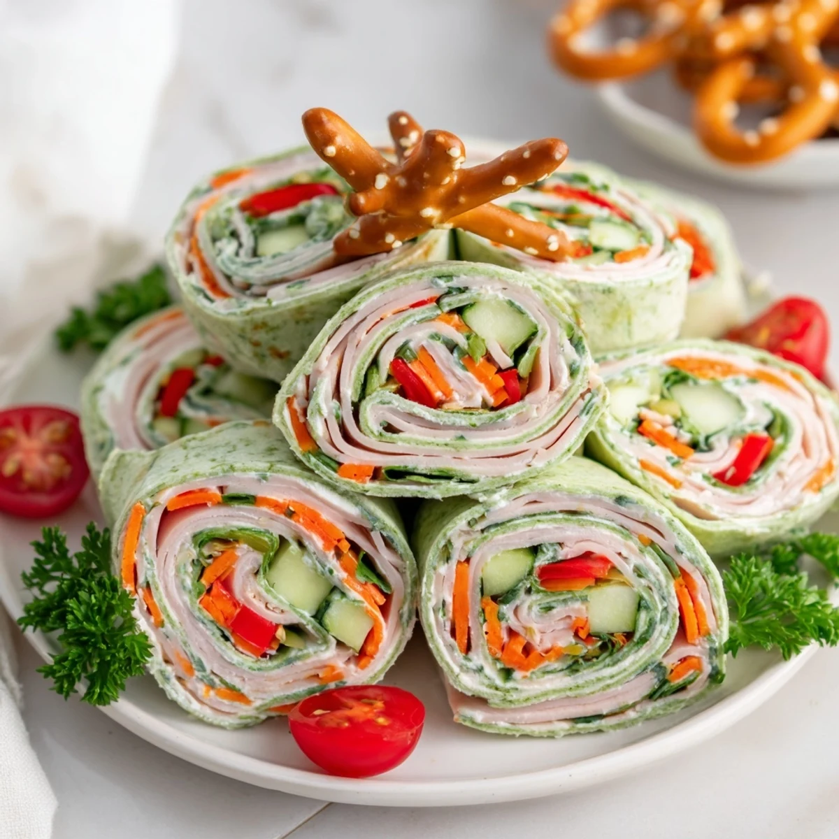 Savory Smoked Turkey Pinwheels Tree arranged beautifully for a festive holiday appetizer platter.