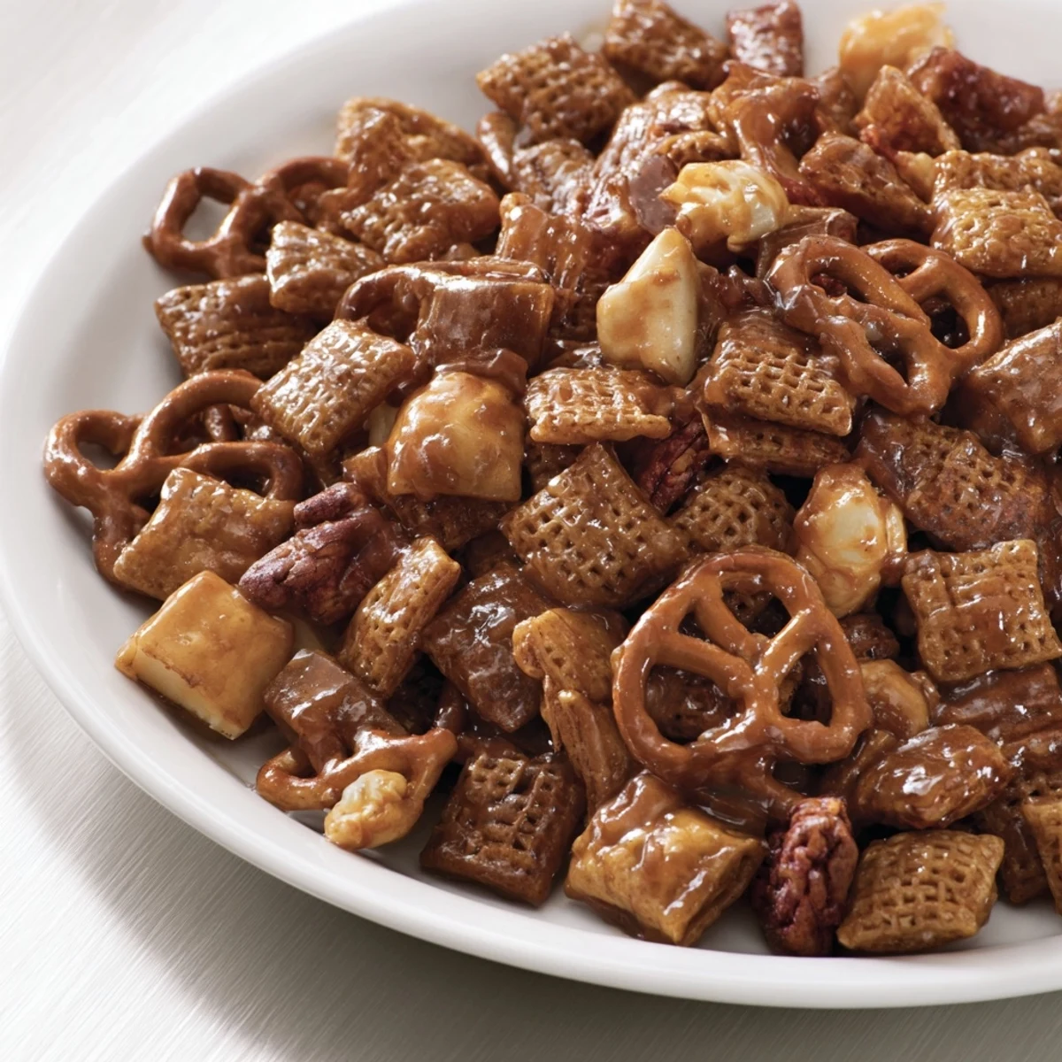 Golden, crunchy Party Mix with a glistening cider glaze, ready to be enjoyed at your next gathering.