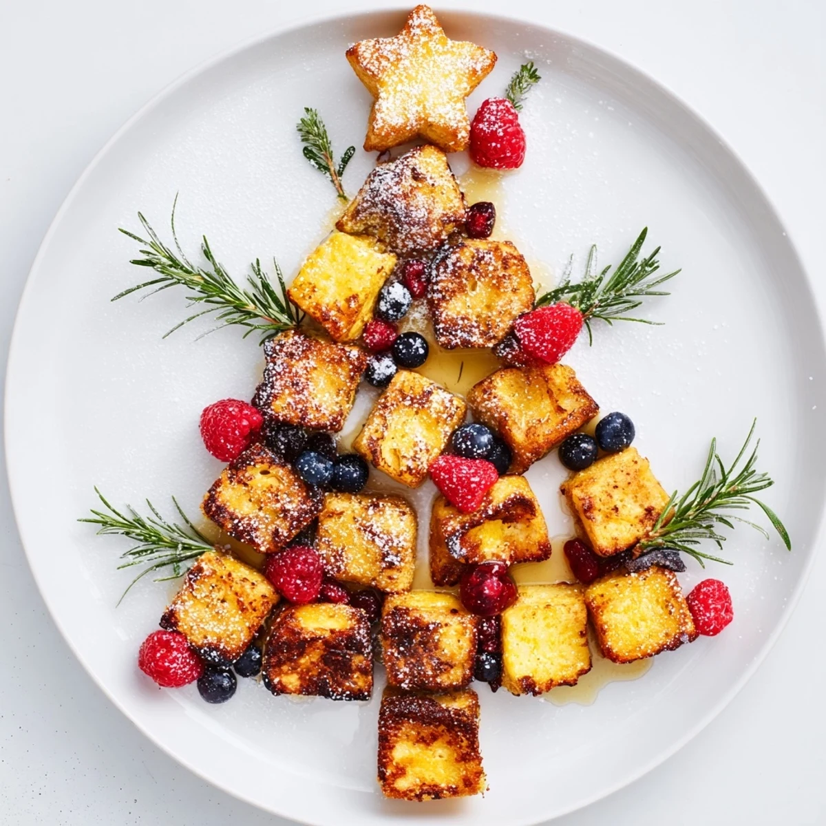 Golden, crispy Eggnog French Toast Bites, stacked high and garnished beautifully for brunch.