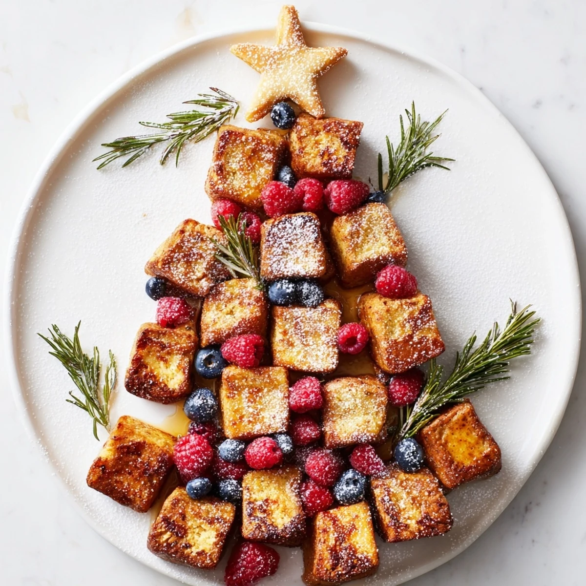 A festive arrangement of Eggnog French Toast Bites, forming a holiday tree shape with berries and rosemary.