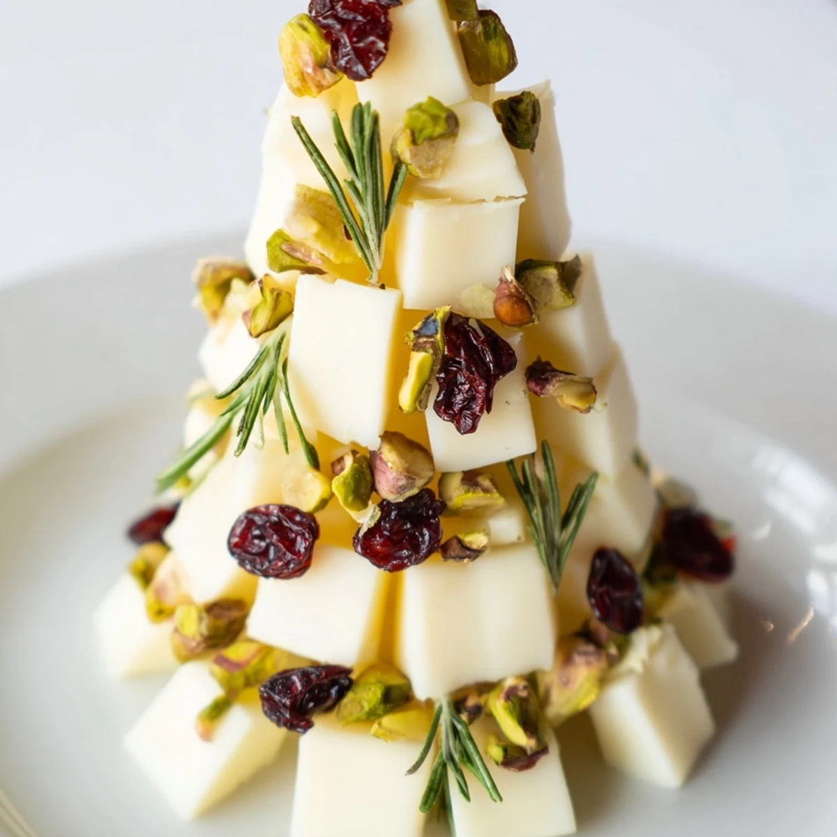 Festive Cranberry White Cheddar Tree appetizer piled high with tangy cranberries and crunchy pistachios.