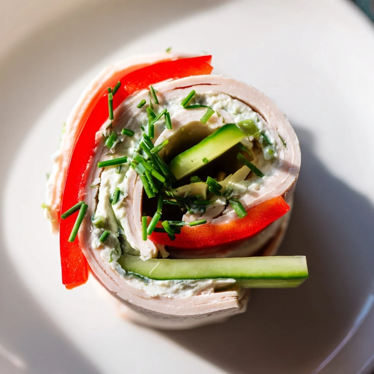 Perfect appetizer: Cold, rolled turkey slices showcase colorful cucumbers and red peppers.