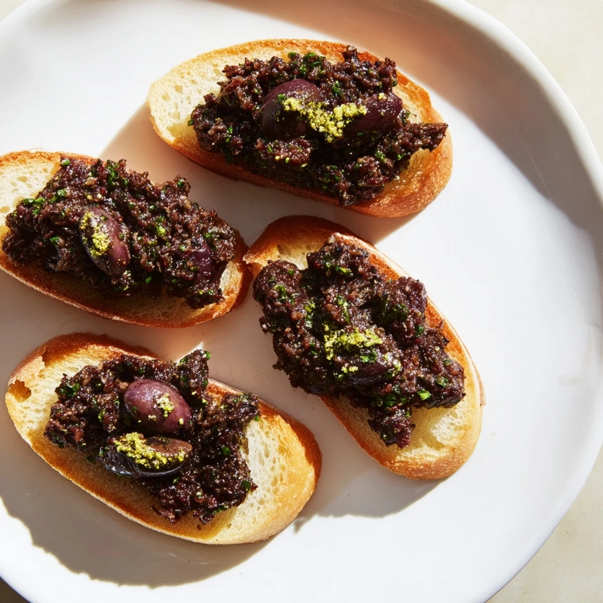 Black Olive Tapenade served with golden brown crostini, a savory appetizer perfect for sharing.