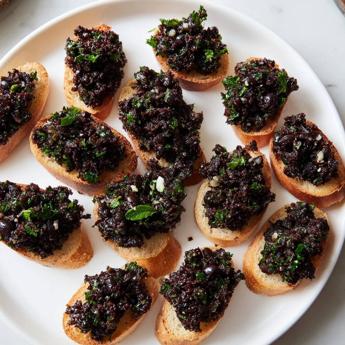 A close-up of creamy black olive tapenade, garnished with parsley, ready on crunchy crostini.