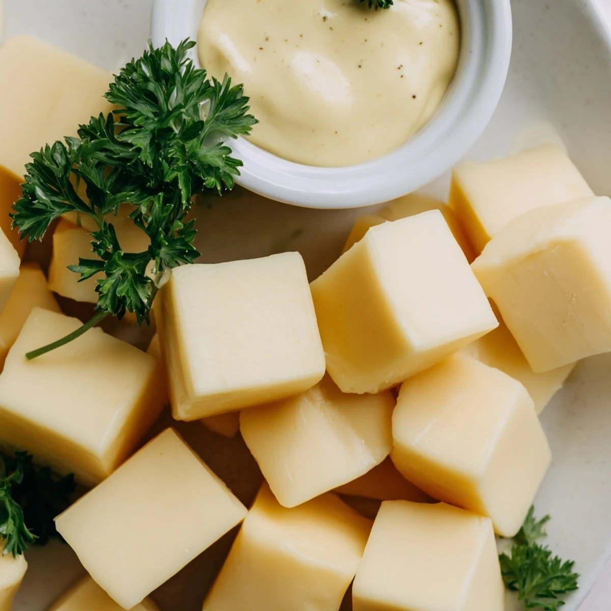 Creamy Gouda cheese cubes and mustard dip make this cheese platter an elegant appetizer.
