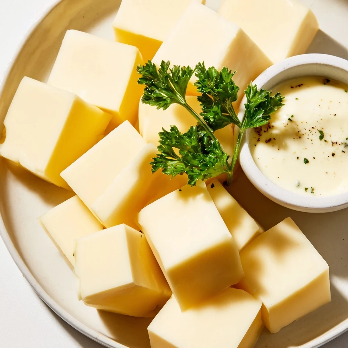 This cheese platter presents vibrant Gouda, ready for dipping into a delicious mustard sauce.