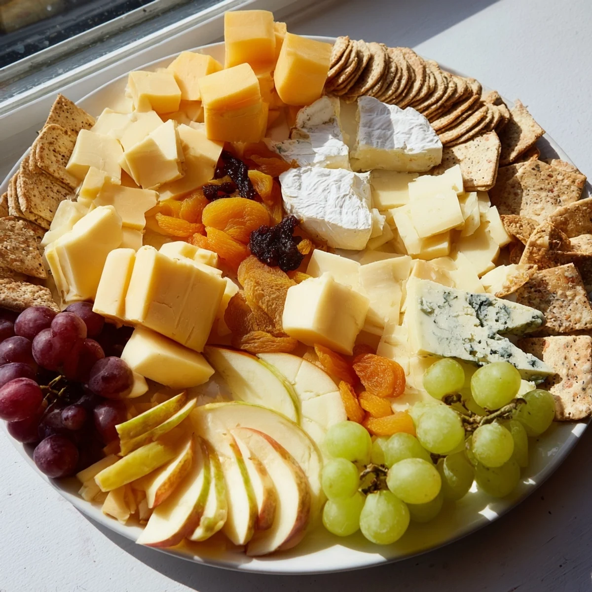 Housewarming Open House Spread with cheese blocks, crackers, fruits, and nuts, perfect for guests.