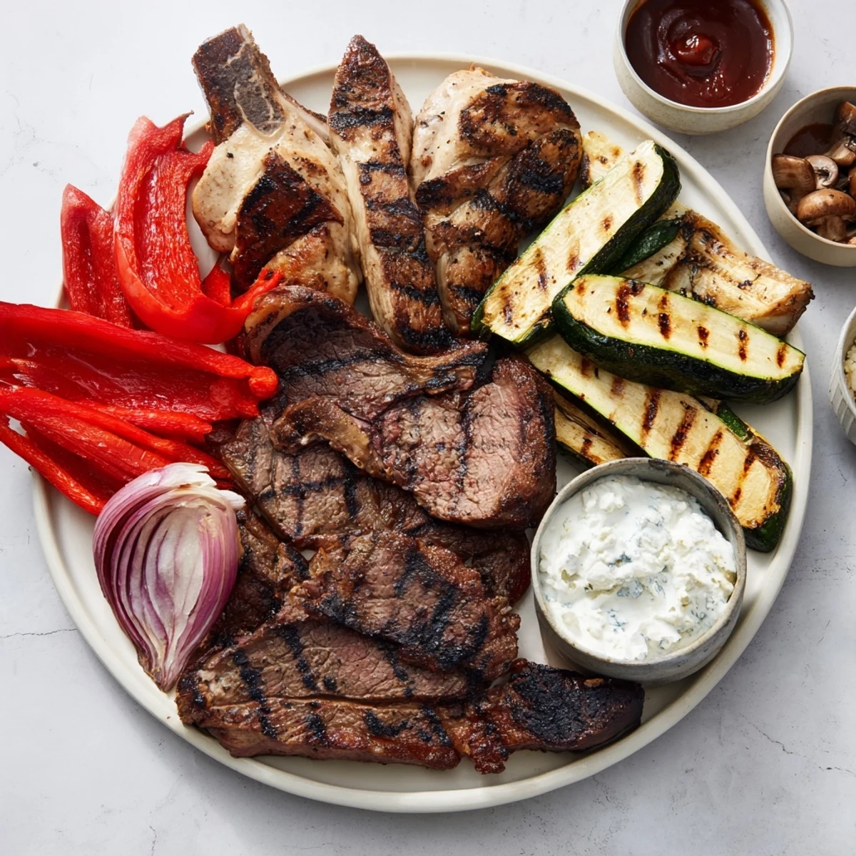 A Backyard BBQ Companion: a platter overflowing with grilled meats, vegetables, and savory dips.