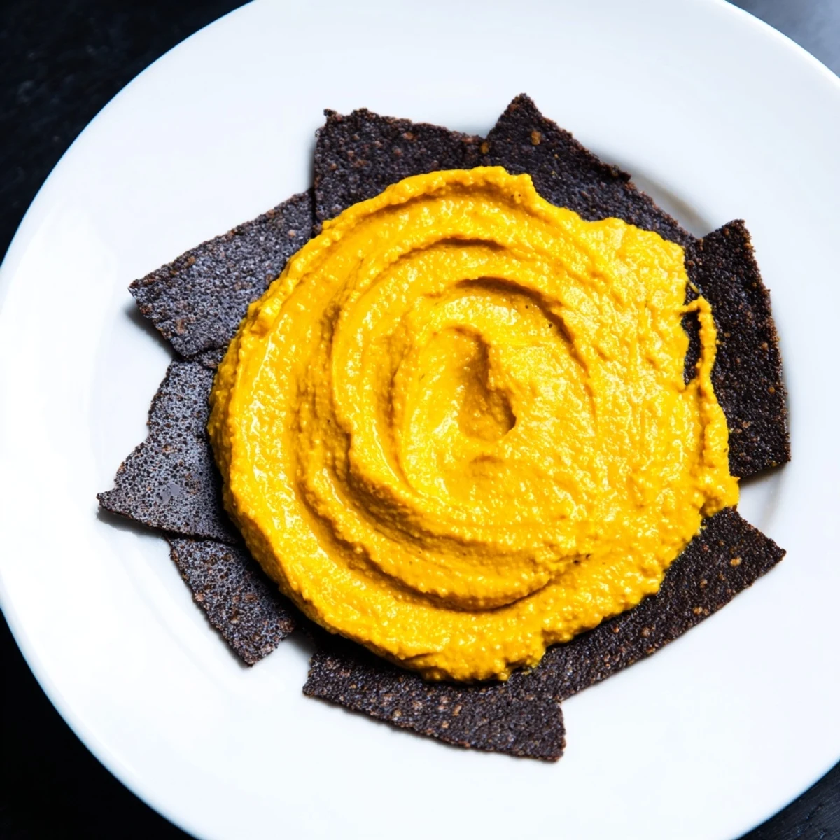 Midnight Sun appetizer: creamy carrot dip encircled by dark charcoal crackers, offering a gourmet experience.