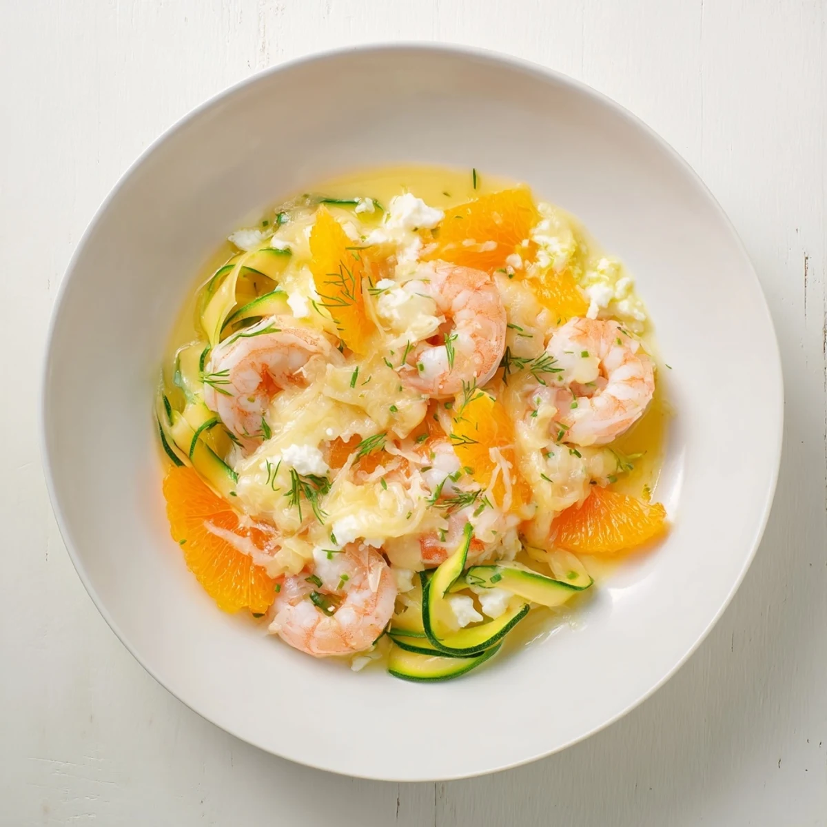 Vibrant The Coral Reef dish features perfectly cooked pink shrimp and zesty citrus with Gruyère.