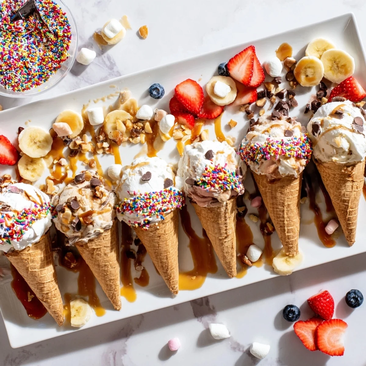 Vibrant Ice Cream Cone Grazing Board delights; imagine creamy ice cream and various toppings arranged invitingly.