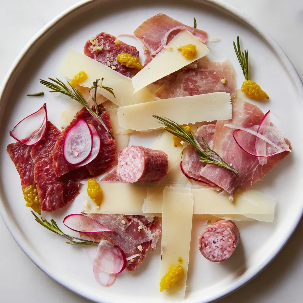 A meticulously arranged The Burlap & Lace charcuterie board with rustic meats and thinly shaved cheeses.