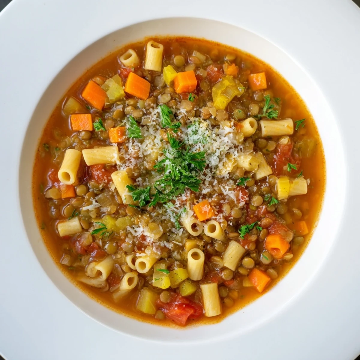 Steaming bowl of Ditalini and Lentil Soup, offering a hearty and flavorful vegetarian meal.