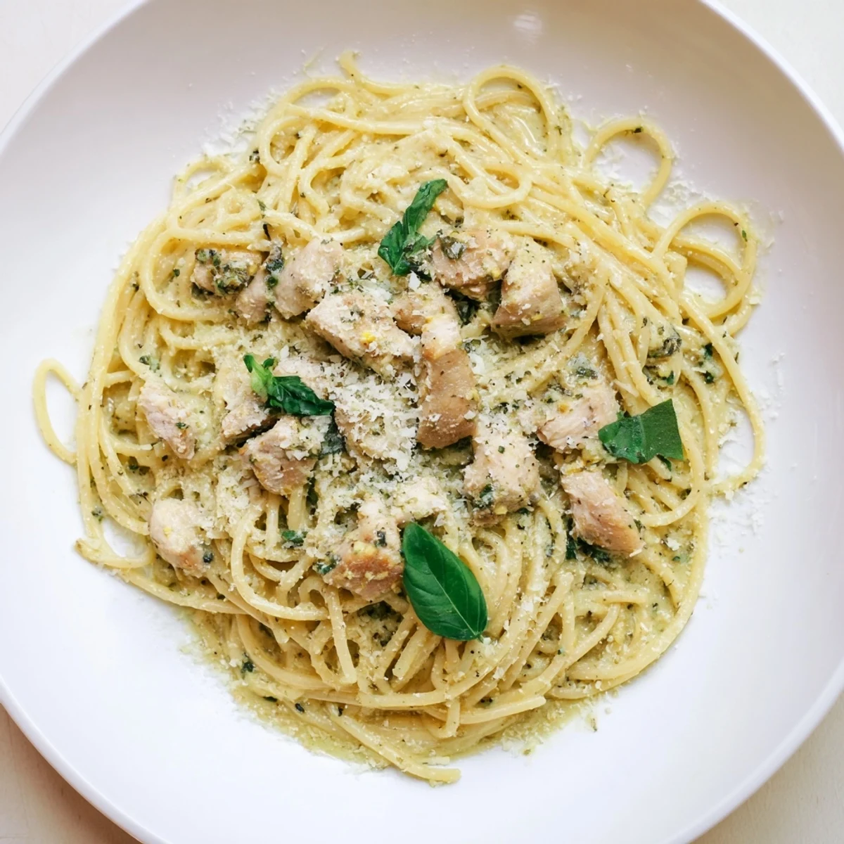 Creamy pesto egg and chicken pasta topped with Parmesan; a delicious, satisfying family dinner.
