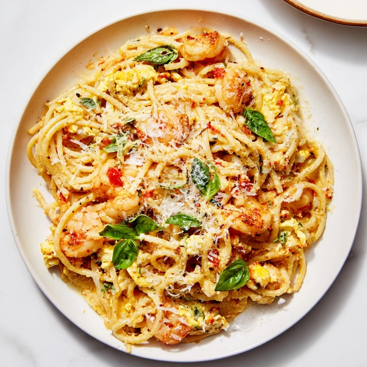 Enjoy a colorful plate of pesto egg and chicken pasta with a generous sprinkle of Parmesan cheese.