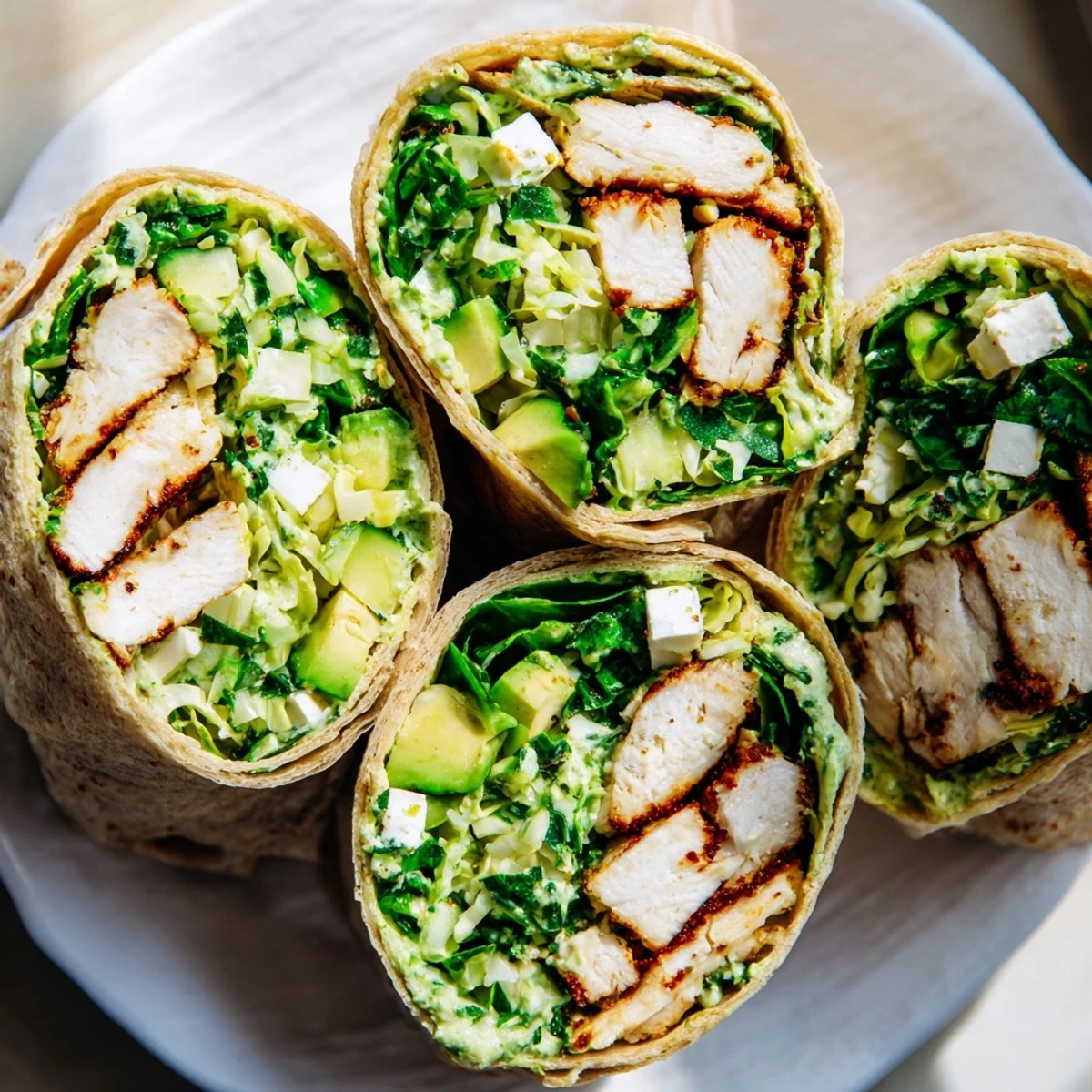 Close view of the Green Goddess Chicken Wraps, revealing fresh herbs and juicy grilled chicken visible.