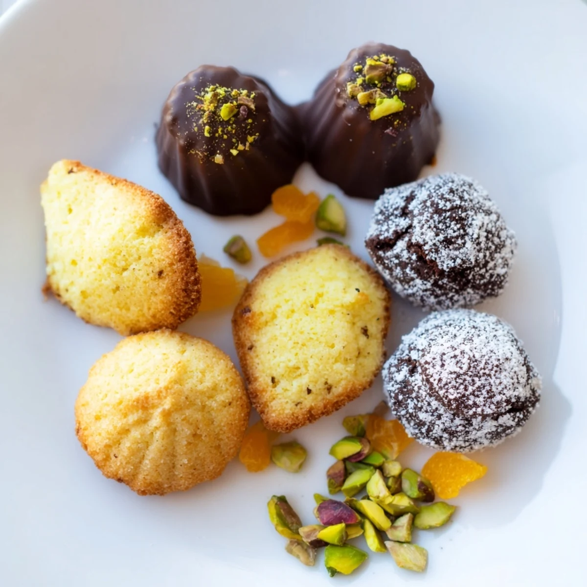 A decadent plate of Mignardises Bonne Année 2026: assorted French sweets for New Year's.