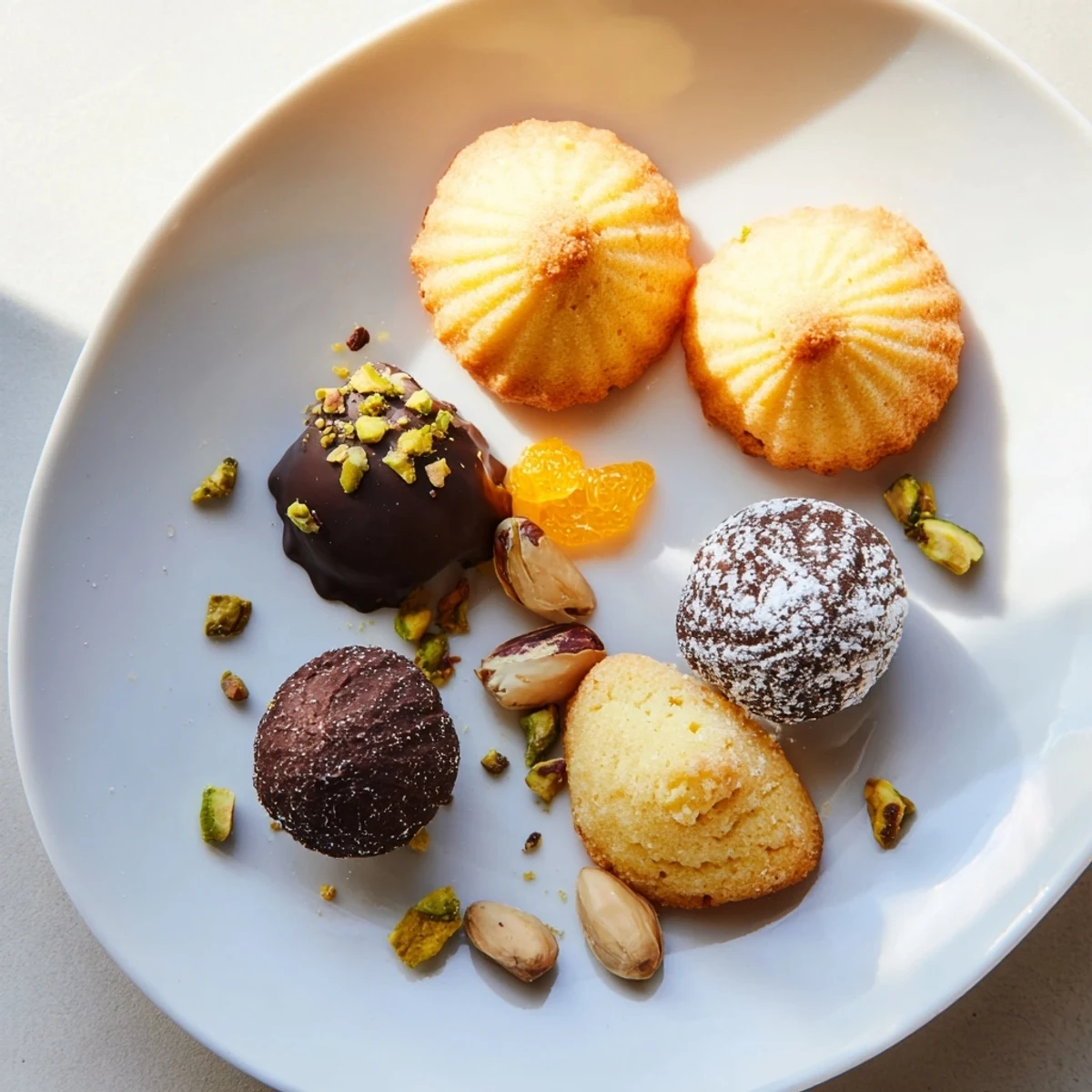 Golden-brown Financiers and dark chocolate truffles featured in this Mignardises Bonne Année 2026 recipe.