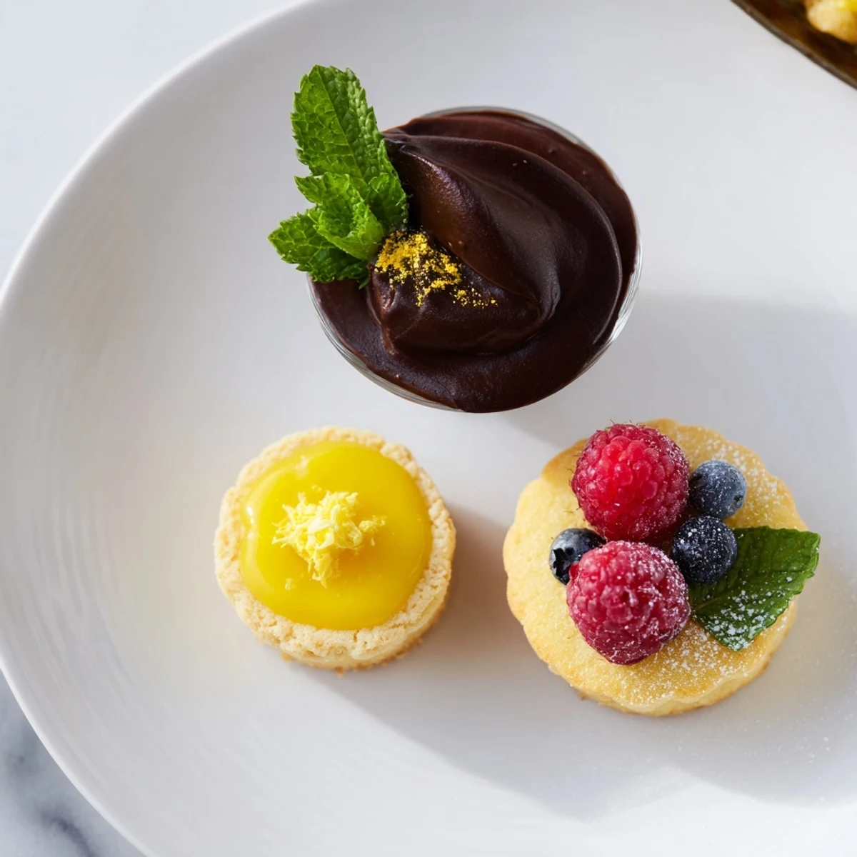 A beautifully plated Assiette de Desserts Starry Delight with golden-dusted raspberry financiers and fresh berries.