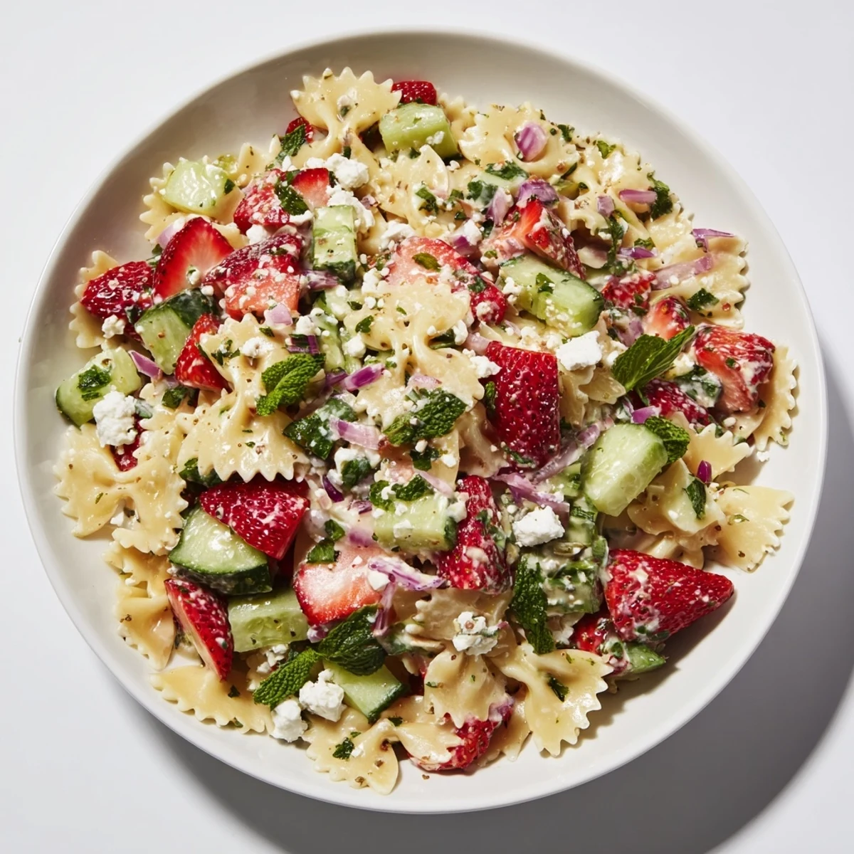 Strawberry Feta Pasta salad, a vibrant mix of sweet strawberries, creamy feta, and cool pasta.