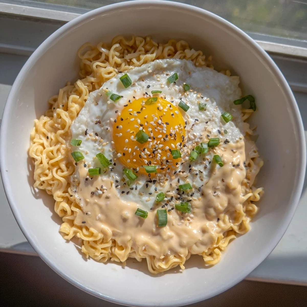Creamy Instant Cheese Ramen Bowl, garnished with green onions and sesame seeds, a comforting meal.